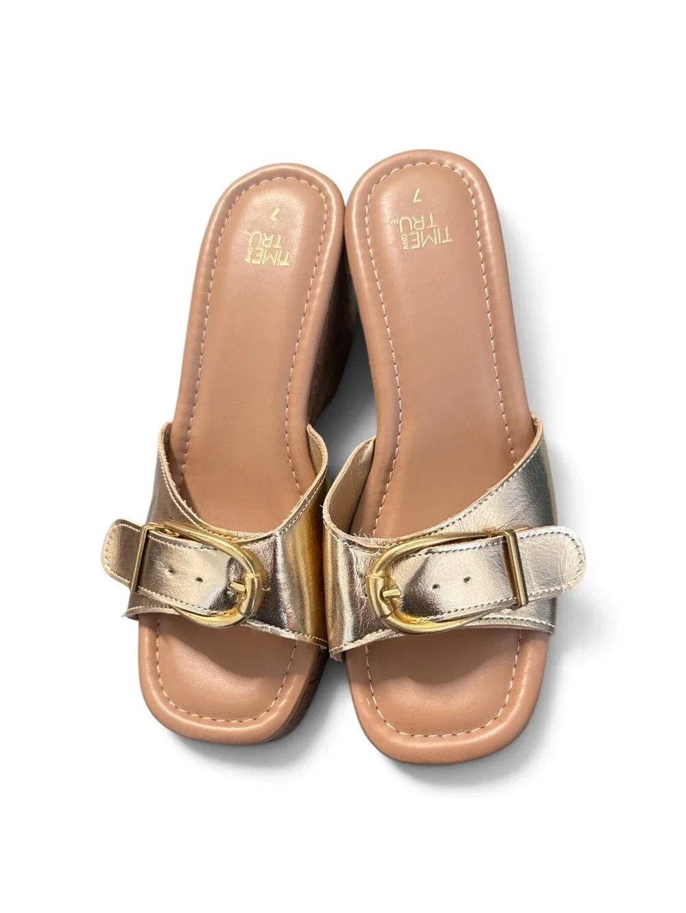 Time and Tru Gold Buckle Platform Wedge Slide Sandals